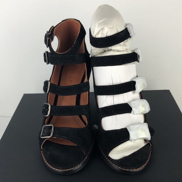 NEW Coach Buckle Rivet Strappy Suede Peep Toe Ankle Strap Heels Sandals 6.5 - Picture 4 of 14